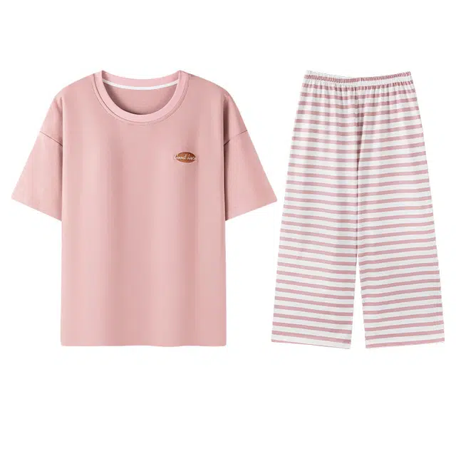 向薇 大码舒适透气圆领上衣条纹可外穿短袖七分裤睡衣套装 女款