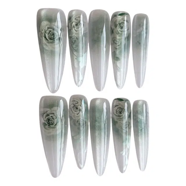 计轩 气质长水滴国风手绘玫瑰猫眼  穿戴甲 长款绿渐变 纯欲