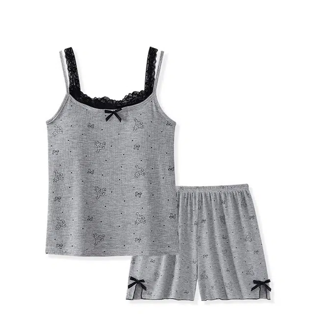 俏韵 吊带自带胸垫灰色小兔子蕾丝性感纯欲风家居服可外穿睡衣套装 女款