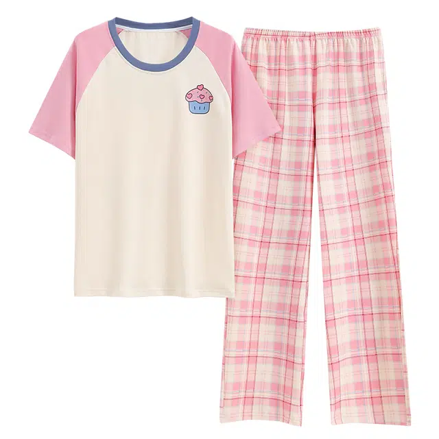 睦隆世家 带胸垫家居服纯棉出勤短袖长裤夏季睡衣套装 女款