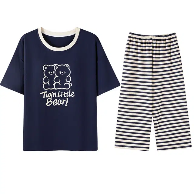 向薇 卡通可爱圆领套头短袖条纹七分裤家居服睡衣套装 女款