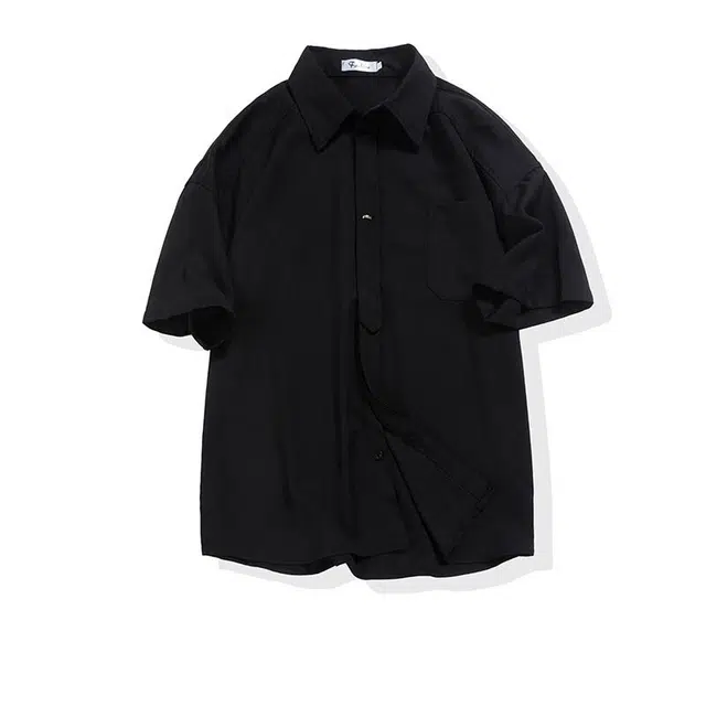 欧路得 日系简约薄款痞帅衬衣休闲百搭舒适纯色设计感翻领短袖衬衫 男款