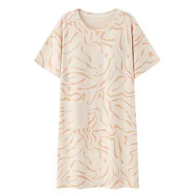 俏韵 圆领夏季纯棉简约风印花薄款舒适休闲家居服可外穿短袖睡裙 女款