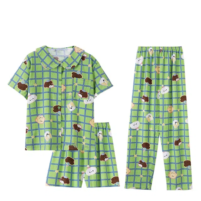 俏韵 翻领绿色格子日系小熊可爱三件套家居服可外穿睡衣套装 女款