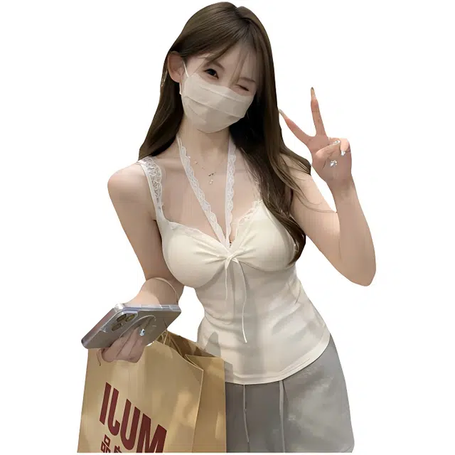 荟萃阁 韩版纯欲性感蕾丝挂脖蝴蝶结内搭背心上衣吊带 女款