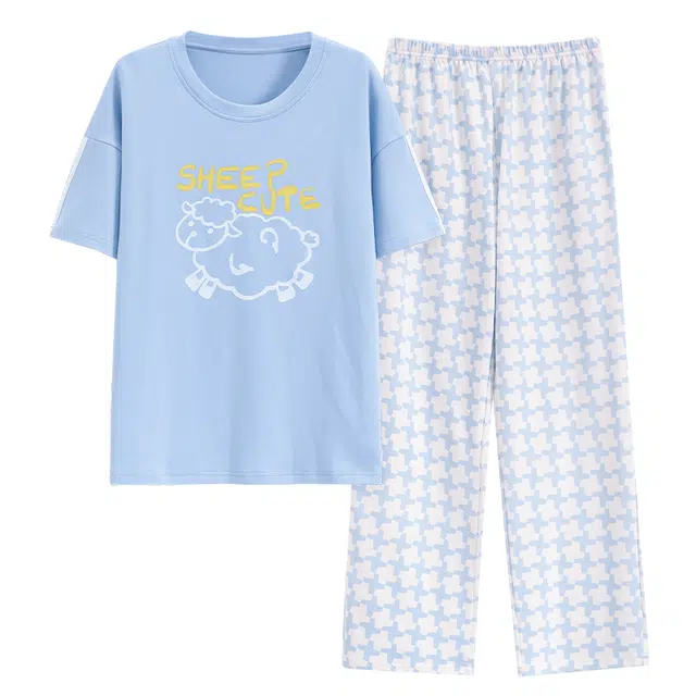 睦隆世家 可外穿出勤短袖长裤家居服纯棉带胸垫夏季睡衣套装 女款