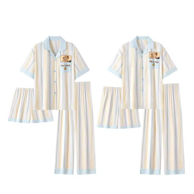 俏韵 翻领卡通短袖可爱薄款家居服可外穿夏季睡衣套装 男女同款