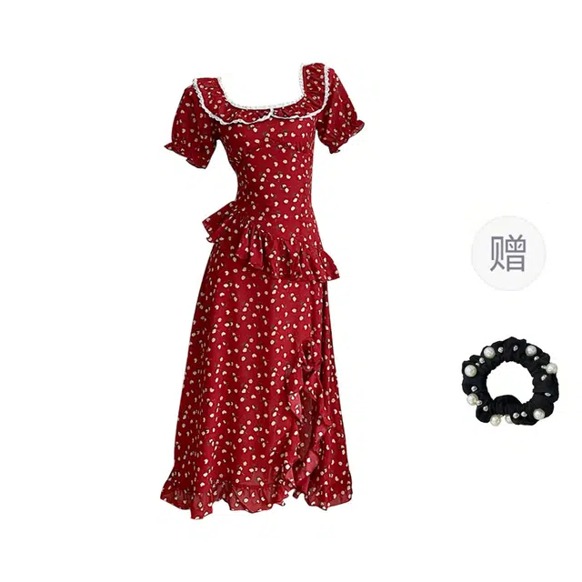 雾闪闪 法式热恋仙女裙长裙高级感飞飞袖短袖连衣裙 女款