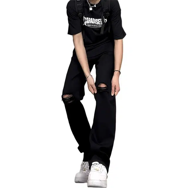 单爵 夏季薄款痞帅潮牌破洞裤子弹力直筒长裤牛仔裤 男女同款