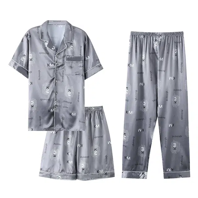 莫代尔 舒适时尚气质百搭翻领开衫轻盈透气耐磨耐穿个性短袖短裤长裤三件套可外穿居家服睡衣套装 男款