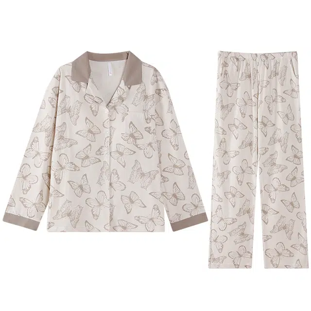 顶瓜瓜 国风蝴蝶带胸垫长袖长裤开衫翻领家居服睡衣套装 女款