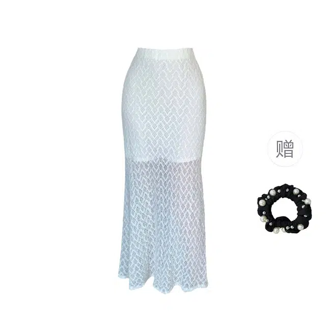 雾闪闪 韩系时尚高腰蕾丝开叉半身肌理感包臀鱼尾休闲长裙 女款