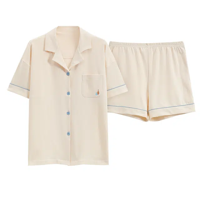 睦隆世家 带胸垫百搭舒适短袖上衣短裤纯色时尚短裤睡衣套装 女款