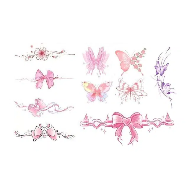 计轩  玫瑰锁骨英文小清新纹身贴 粉色蝴蝶持久甜美少女