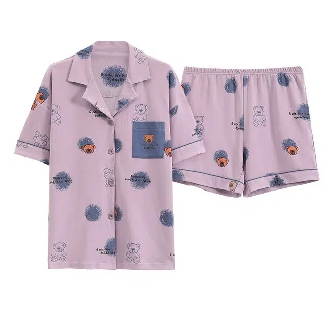 睦隆世家 外穿带胸垫短袖上衣舒适时尚短裤睡衣套装 女款