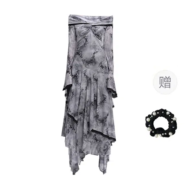 雾闪闪 法式不规则设计甜酷氛围感辣妹小众一字肩长袖连衣裙 女款