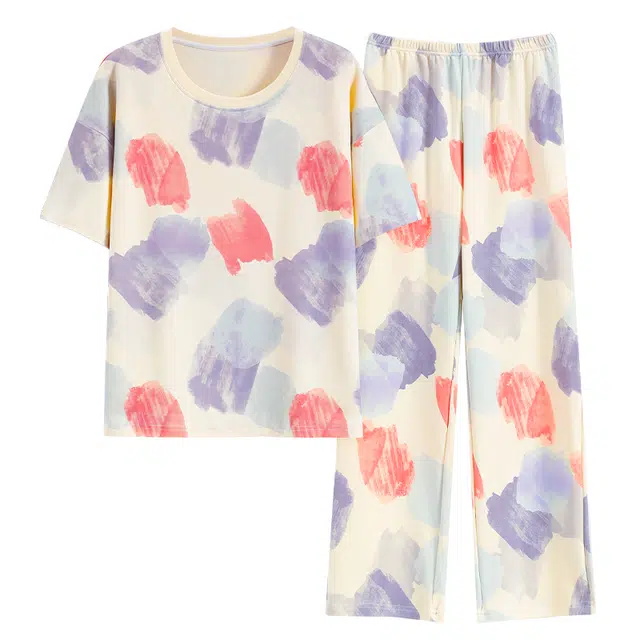 睦隆世家 家居服纯棉带胸垫一体出勤短袖长裤夏季睡衣套装 女款