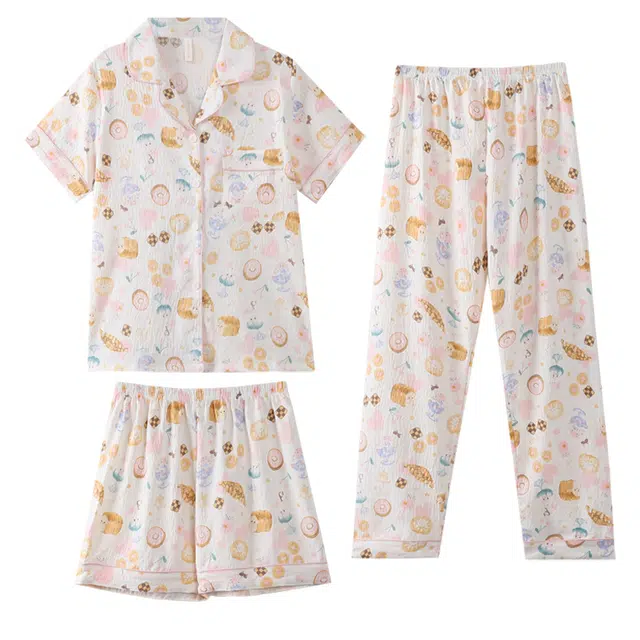 向薇 夏季女生云朵棉翻领开衫式三件套家居服短袖短裤长裤睡衣套装 女款