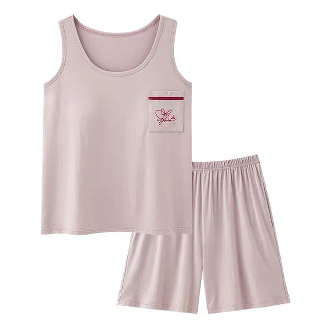 俏韵 圆领无袖带胸垫背心套头三分裤大码宽松薄款家居服可外穿睡衣套装 女款