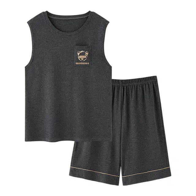 莫代尔 简约休闲舒适个性圆领套头时尚气质百搭柔软亲肤细腻背心短裤两件套家居服可外穿睡衣套装 男款