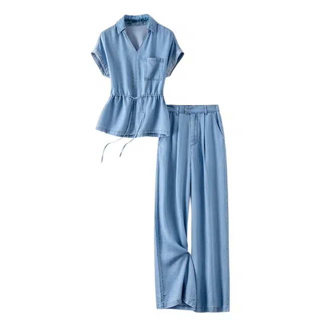 潞优野 高级感通勤时尚短袖百搭牛仔裤两件套衬衫套装 女款