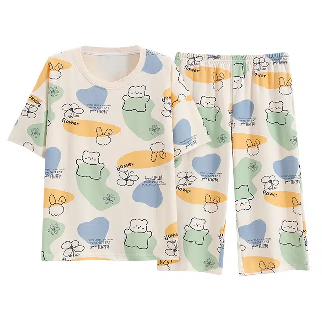 睦隆世家 卡通家居服带胸垫短袖七分裤外穿甜美可爱夏季睡衣套装 女款