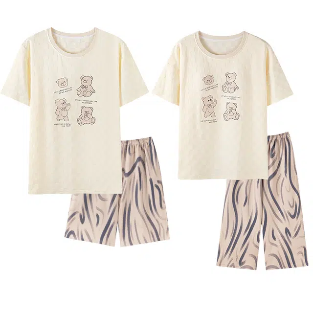 向薇 七分裤纯棉短袖短裤简约宽松夏季睡衣套装 男女同款