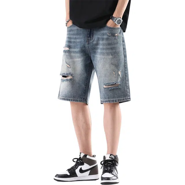 法文箱子 韩版破洞五分宽松百搭大码有型牛仔短裤 男款