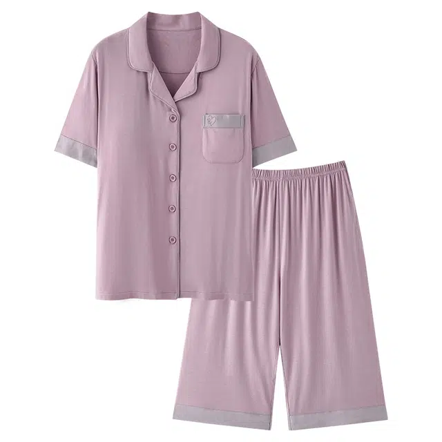 俏韵 随行系列 翻领开衫带胸垫短袖七分裤舒适家居服可外穿睡衣套装 女款