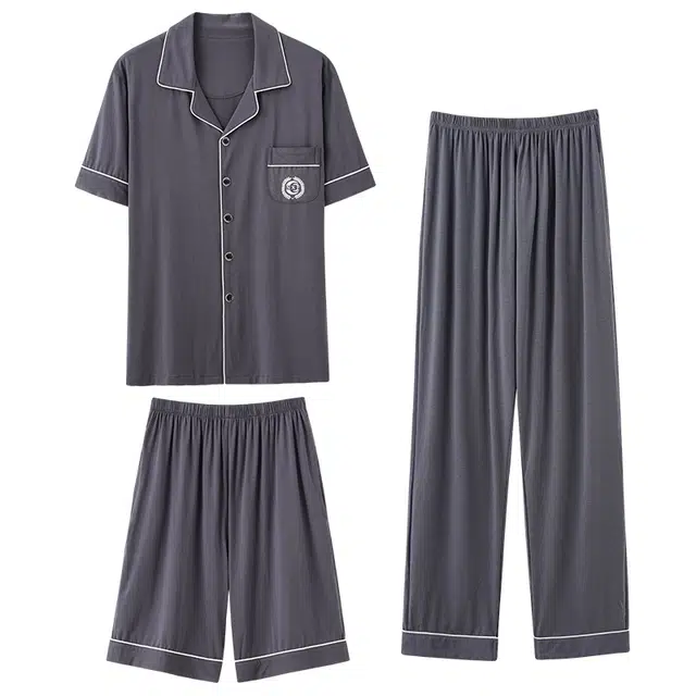 俏韵 时尚薄款翻领短袖三件套大码宽松家居服可外穿睡衣套装 男款