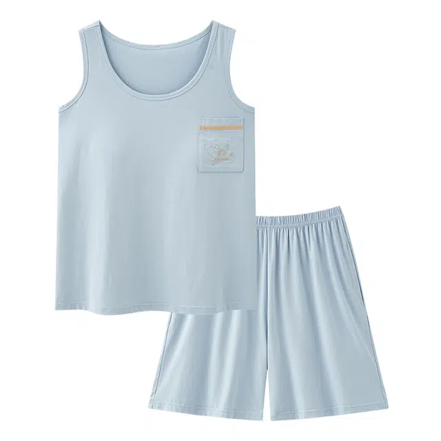 俏韵 圆领套头带胸垫无袖背心三分裤大码宽松薄款家居服可外穿睡衣套装 女款