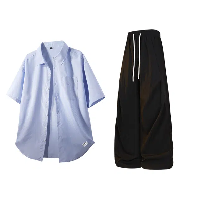 吾皇猫 日系基础款条纹翻领单排扣休闲纯色直筒百搭速干薄款舒适一整套穿搭衬衫套装 男女同款