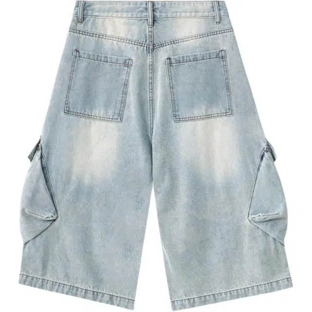 巴塞罗那足球俱乐部 美式复古高街通勤七分裤漂染磨白做旧水洗宽松休闲工装拼接牛仔短裤 男女同款 怀旧蓝