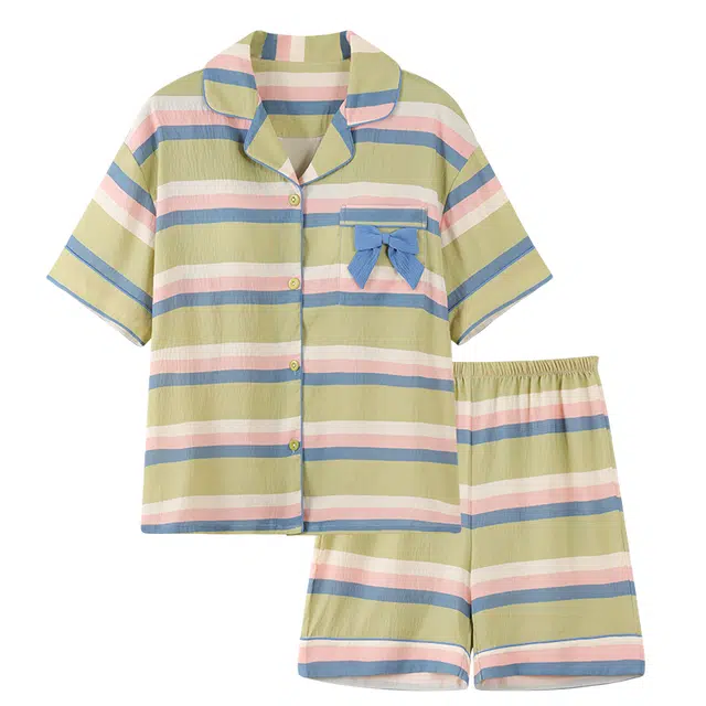 俏韵 彩色条纹短袖小清新翻领家居服睡衣套装 女款