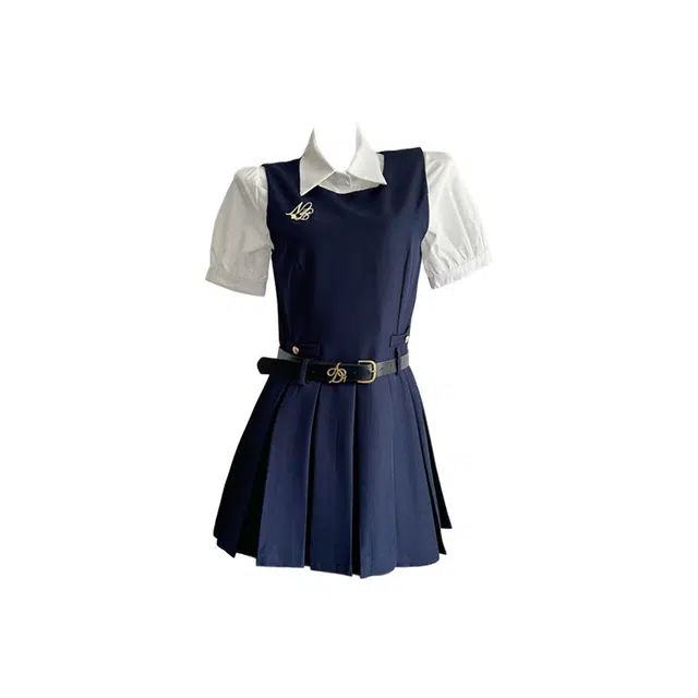 沐晓欣 甜酷风韩系美式复古时高级设计感小众氛围感收腰显瘦翻领百搭收腰短袖衬衫无袖连衣裙百褶裙两件套裙装套装 女款