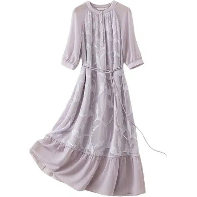 潞优野 高级感剪花气质女收腰显瘦时尚长裙短袖连衣裙 女款