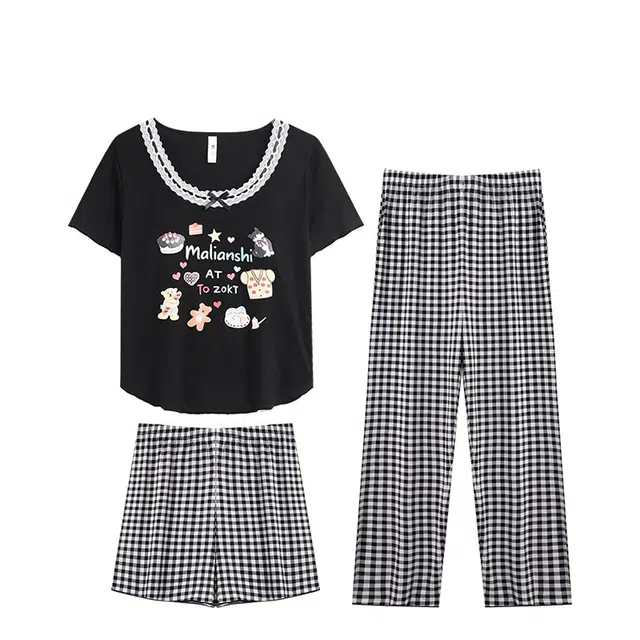 俏韵 圆领可爱甜美短袖三件套舒适薄款家居服可外穿睡衣套装 女款