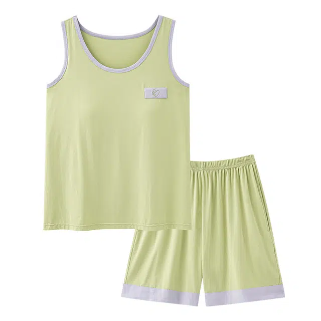 俏韵 圆领带胸垫无袖薄款套头背心三分裤大码宽松家居服可外穿睡衣套装 女款