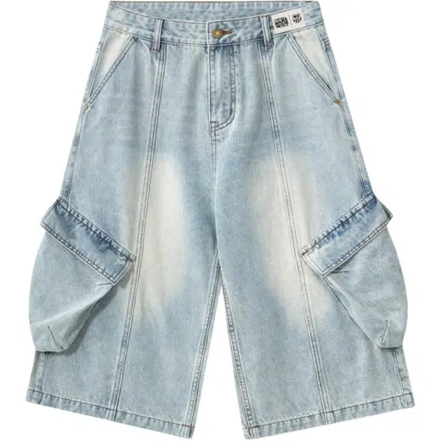 巴塞罗那足球俱乐部 美式复古高街通勤七分裤漂染磨白做旧水洗宽松休闲工装拼接牛仔短裤 男女同款 怀旧蓝