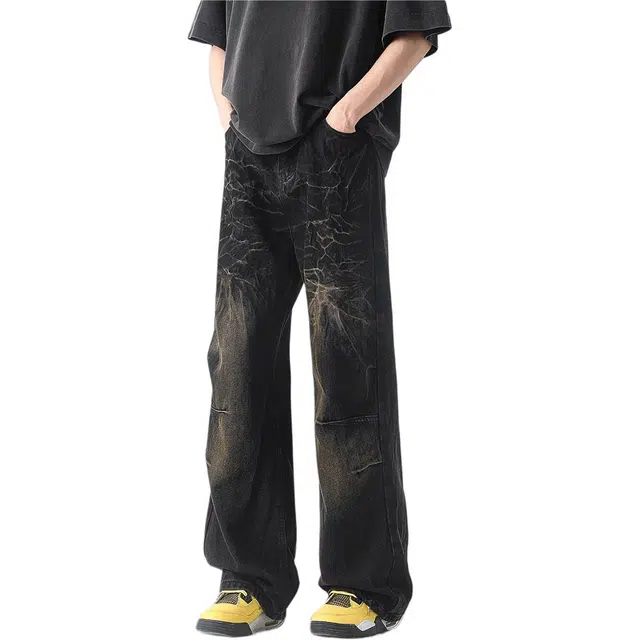 法文箱子 闪电纹高腰直筒高个子加长裤子美式高街微喇阔腿裤牛仔裤 男款