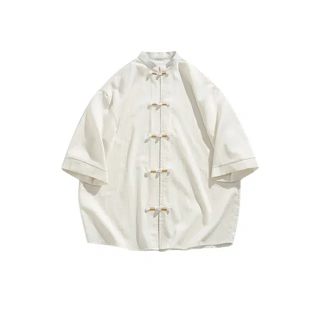 加荣 纯色轻奢高级感户外立领潮牌复古宽松休闲短袖衬衫 男女同款