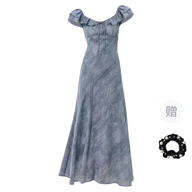 雾闪闪 法式优雅减龄扎染提花荷叶领系带长裙修身气质短袖连衣裙 女款
