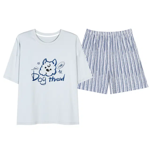 俞兆林 柔软带胸垫可爱小狗卡通圆领宽松短袖三分裤舒适家居服睡衣套装 女款