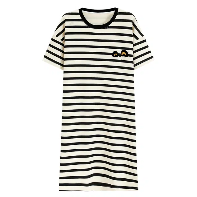 俏霓桐 薄款简约大方时尚条纹休闲甜美短袖可爱舒适亲肤透气家居服可外穿夏季睡裙 女款
