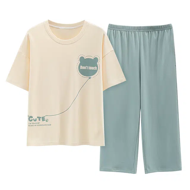 睦隆世家 七分裤短袖可外穿甜美可爱卡通家居服带胸垫夏季睡衣套装 女款