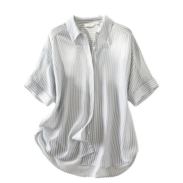 潞优野 高级慵懒风条纹宽松洋气显瘦短袖衬衫 女款