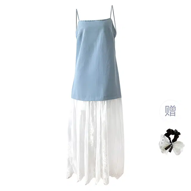 涂诗菲 甜美减龄度假风气质收腰超仙蕾丝设计感拼接牛仔吊带连衣裙 女款