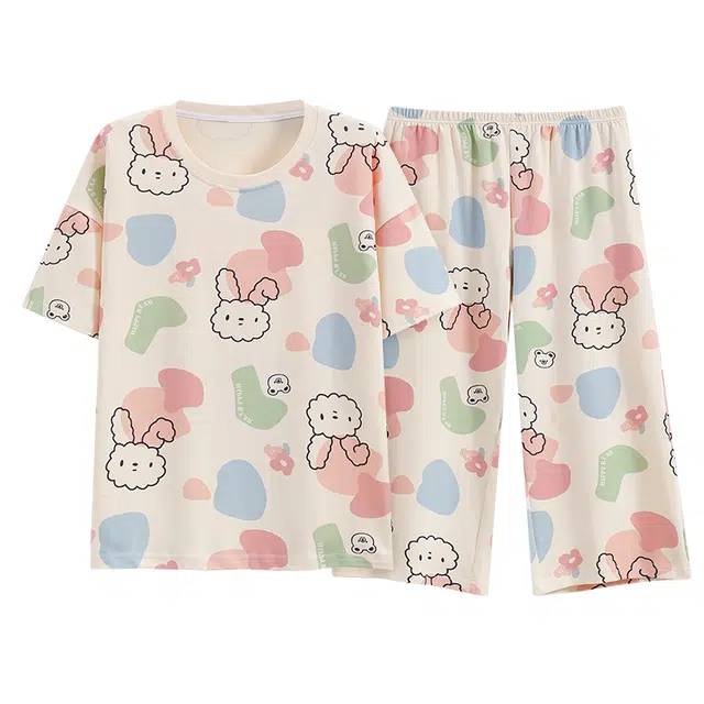 睦隆世家 外穿甜美可爱卡通家居服带胸垫短袖七分裤夏季睡衣套装 女款