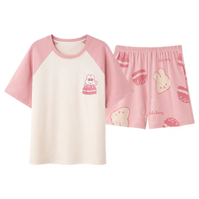 莫代尔 韩版个性圆领时尚气质百搭舒适柔软亲肤细腻居家服可外穿两件套短袖三分裤睡衣套装 女款