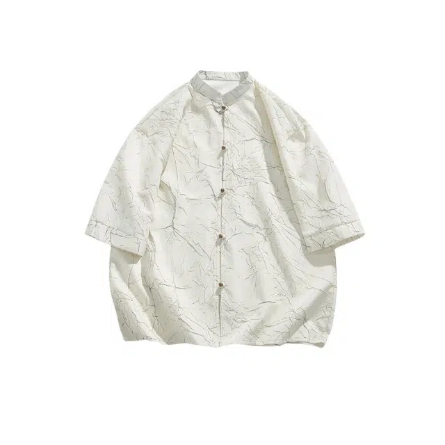 加荣 薄款潮牌复古中国风立领户外高端宽松休闲烫金褶皱设计感短袖衬衫 男女同款
